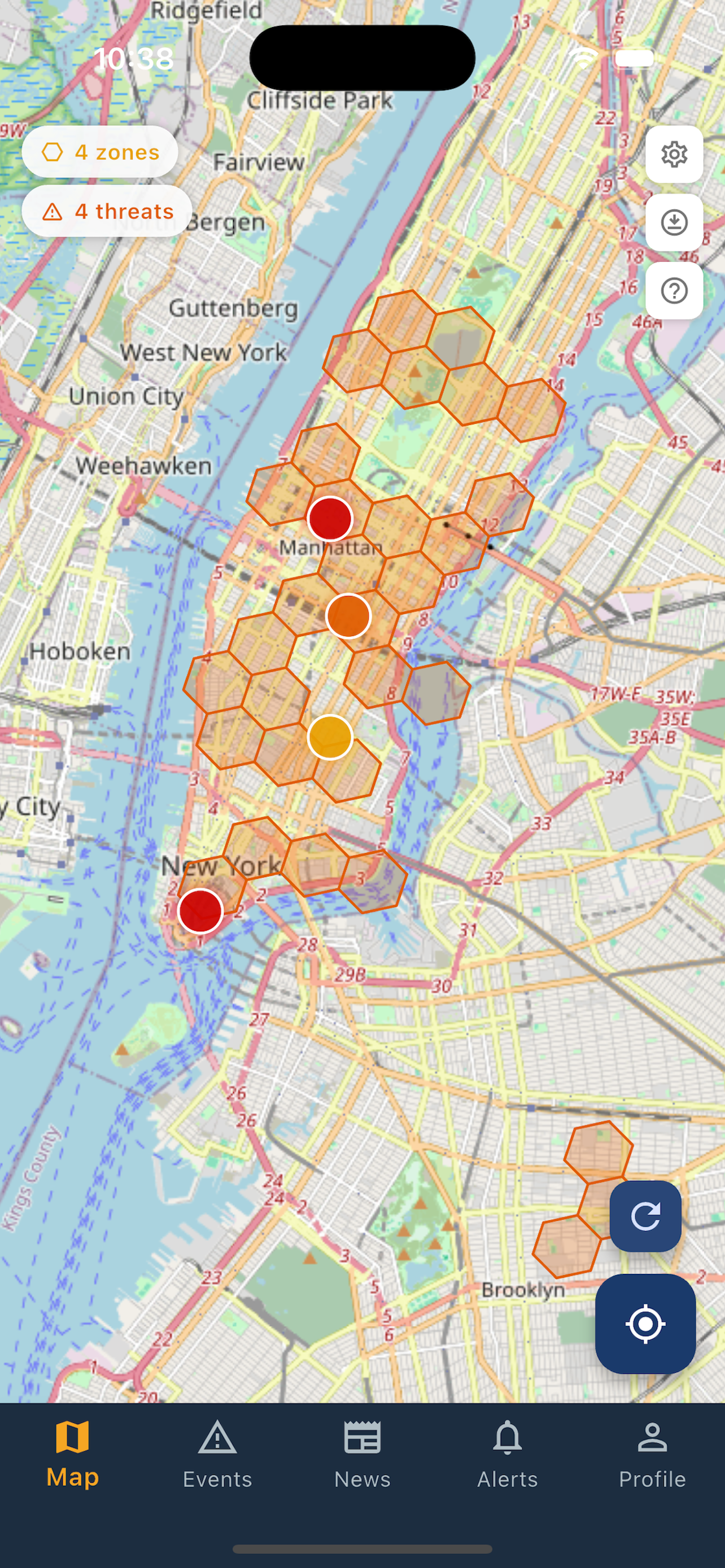 SCOUT Mobile showing threat hexagons clustered over a city map with detected zones and threat counts